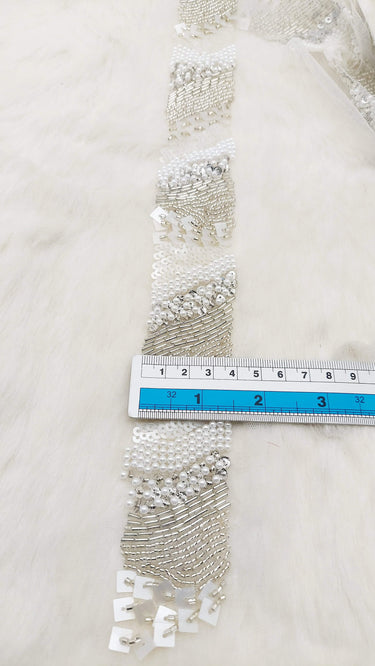 Hand Embroidered White Net Lace With White Sequins and Beads and Pearls, Exclusive Laces, Sequinned Trimming